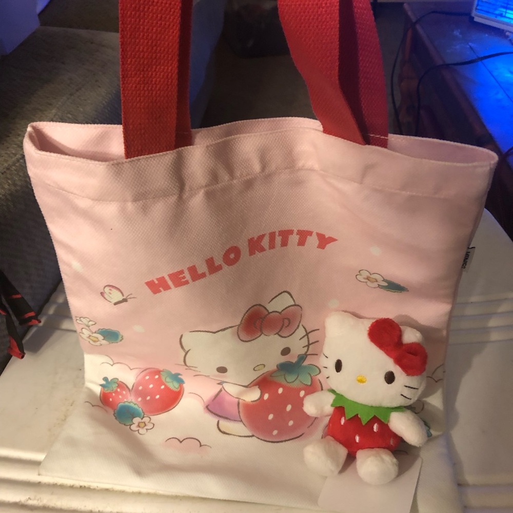 Hello Kitty Strawberry Tote Bag Miniso Pink Canvas Reusable Bag & Plush